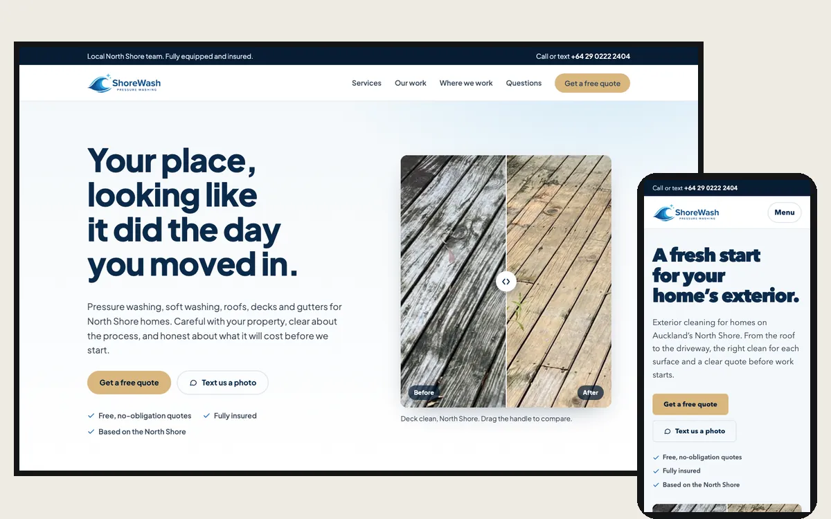 The rebuilt ShoreWash site on a laptop and a phone